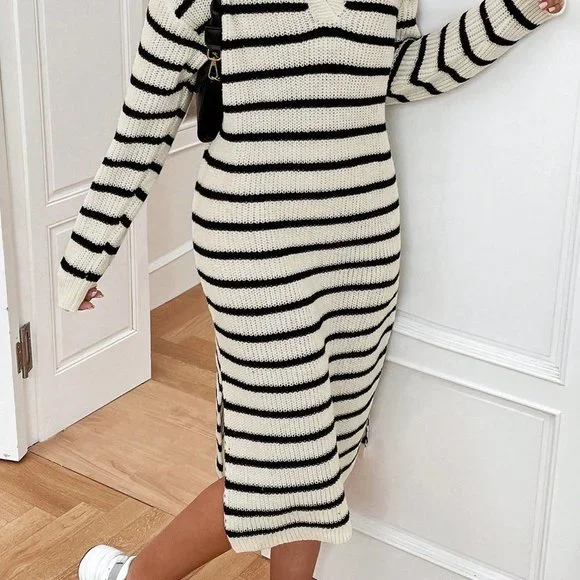 Multicolor Casual Womens Striped Pattern Drop Shoulder Split Thigh Sweater Dress - Picture 4 of 5